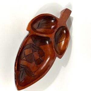 Vintage‎ Hand-Carved Wooden Leaf Shaped Serving Platter 3-Section Divided Tray